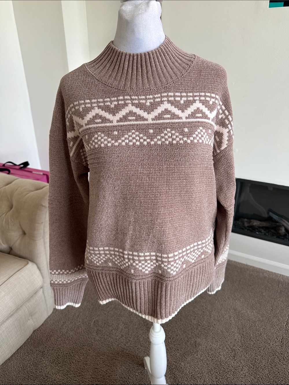 Hem & Thread Taupe and Cream Fair Isle Cowl Sweater